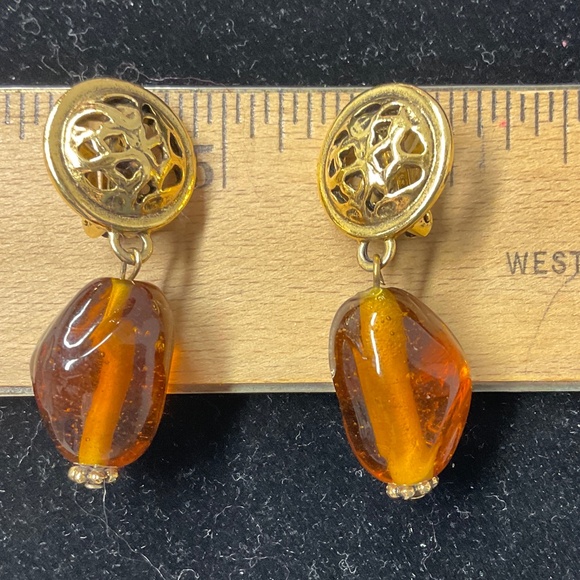 Amber Goldtone Dangle Clip Earrings - Picture 6 of 6